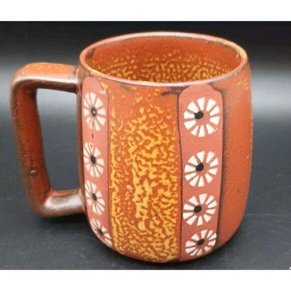 MCM Redware Mug Brown Yellow Floral Daisy Square Handle - Picture 3 of 8